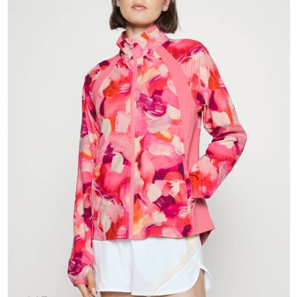 Athleta Run With It Printed Jacket Pink Floral Brushstroke Full Zip Small SP22